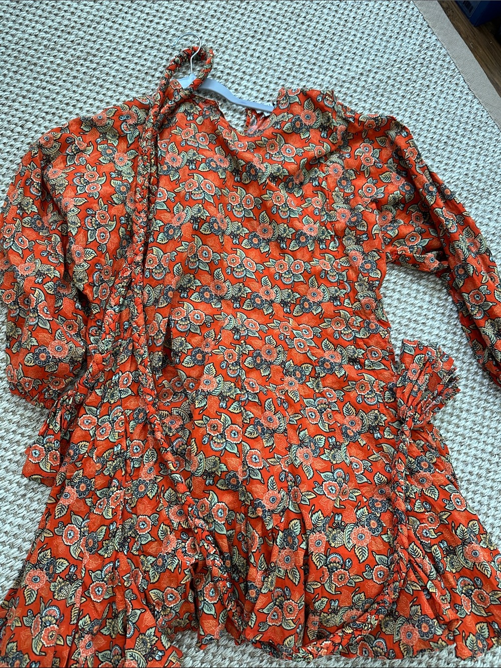 Orange Floral Tie-Waist Long-Sleeve Dress